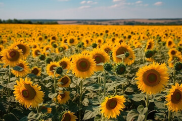 A breathtaking image of a sunflower field with tall stalks and bright yellow blooms against a clear blue sky, representing the beauty and power of nature. Ai generated.