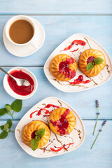 Semolina cheesecake with strawberry jam,  top view.