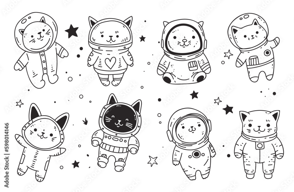 Wall mural Space astronaut space cute cat pet line art isolated concept set. Vector graphic design element illustration