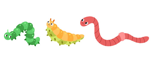 Worm larva insects butterfly cute caterpillar isolated set. Vector graphic design element illustration