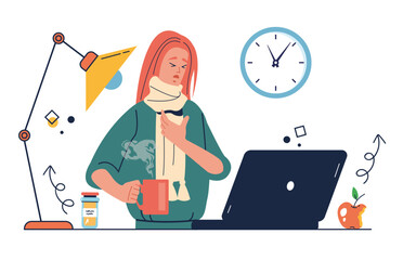 Sick employee work tired having cold and flu concept. Vector graphic design illustration element