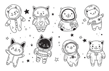Space astronaut space cute cat pet line art isolated concept set. Vector graphic design element illustration