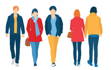 Obraz premium Set of young men and women, different colors, cartoon character, group of silhouettes of walking business people, students, design concept of flat icon, isolated on white background