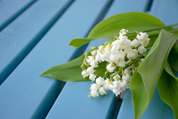 Lilies of the valley on a blue wooden table