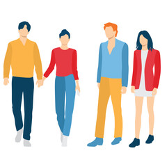Fototapeta premium Set of young men and women, different colors, cartoon character, group of silhouettes of walking business people, students, design concept of flat icon, isolated on white background