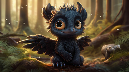 Cute black dragon baby with big cute eyes, generative ai