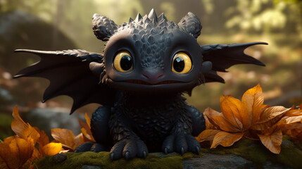 Cute black dragon baby with big cute eyes, generative ai