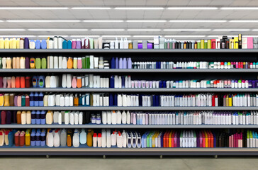 Deodorant, Soap, Shampoo, Disinfection kit, Skincare and Cosmetic bottles on shelf in supermarket. Suitable for presenting new products and new designs of labels among many others. 