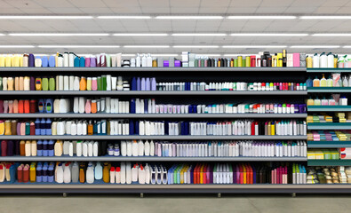 Deodorant, Soap, Shampoo, Disinfection kit, Skincare and Cosmetic bottles on shelf in supermarket. Suitable for presenting new products and new designs of labels among many others. 