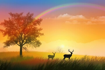 Fototapeta na wymiar Peaceful meadow at midday, featuring a deer grazing in the tall grass and a vibrant rainbow arching across the sky. Generative AI