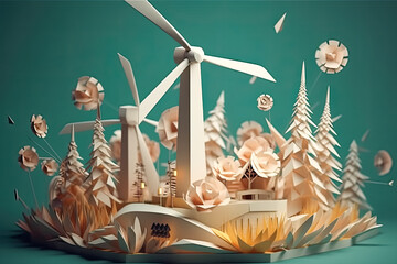 Wind turbine and alternative renewable energy. Paper art of ecology and environment concept. Eco friendly nature landscape background