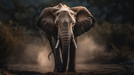 Naklejka na ściany i meble Dramatic photo of an african elephant, generative ai