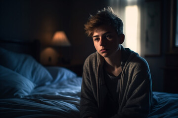Obraz premium young adult man at home on his bed. Generative AI