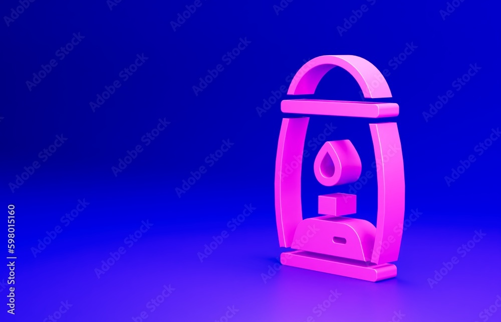 Sticker Pink Camping lantern icon isolated on blue background. Minimalism concept. 3D render illustration