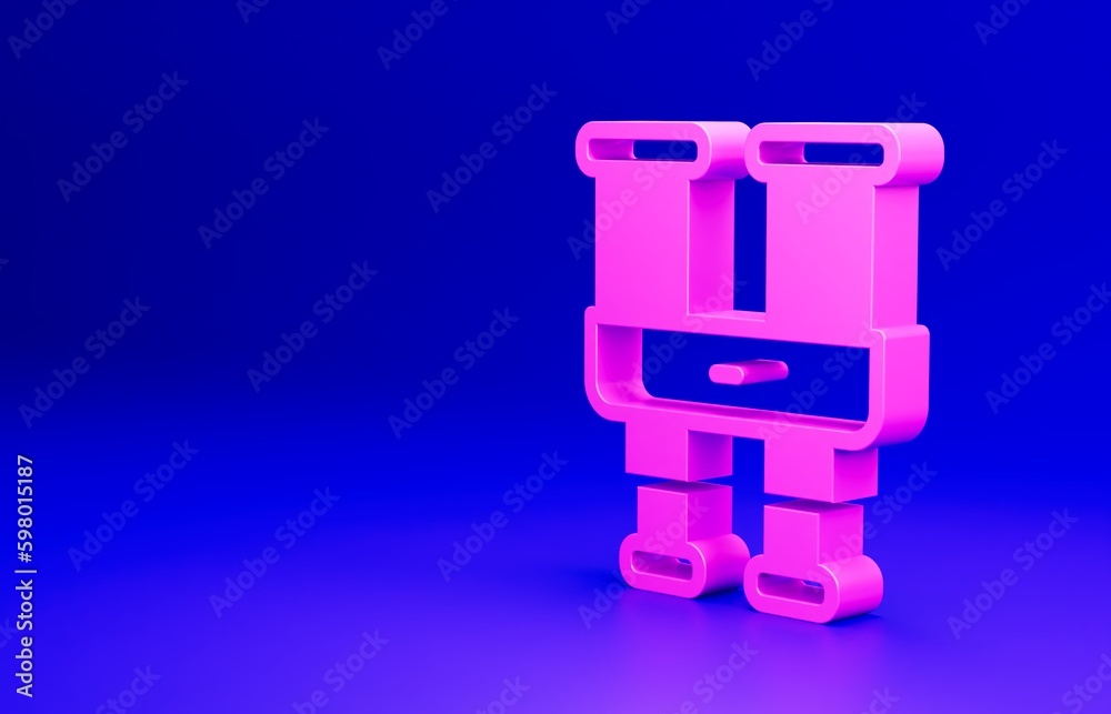 Sticker Pink Binoculars icon isolated on blue background. Find software sign. Spy equipment symbol. Minimalism concept. 3D render illustration