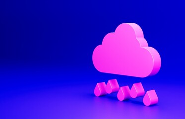 Pink Cloud with rain icon isolated on blue background. Rain cloud precipitation with rain drops. Minimalism concept. 3D render illustration