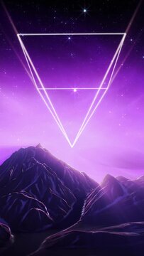 80s retro futuristic loop. Rotating neon wireframe pyramid, aurora lights and  planets in night sky with twinkling stars, above snowy mountains. Purple version. Vertical video.