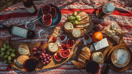 Food and wine on a red picnic blanket, generative ai