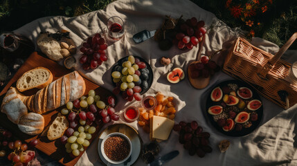 Fototapeta na wymiar Food and wine on a red picnic blanket, generative ai
