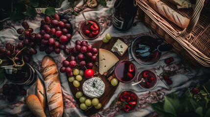 Food and wine on a red picnic blanket, generative ai