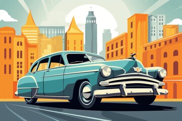 Obraz na płótnie Canvas Retro car clipart with city background. illustration cartoon. Generative AI