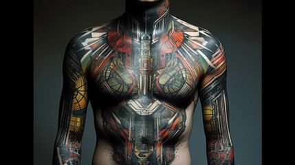 Full body tattoo, man with full body tattoo, generative ai
