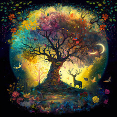 Obraz na płótnie Canvas Colorful Tree Of Life With Wildlife illustration On Floral Fantasy Night Background - Generative A.I. Art