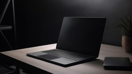 Black Laptop on desk in office, Black Screen Laptop mockup, generative ai