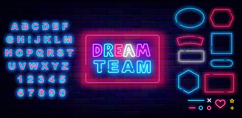 Dream team neon logotype. Frames set on brick wall. Shiny typography. Shiny blue alphabet. Vector stock illustration