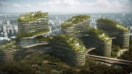 Obraz premium Green roofs carbon capture urban landscape, generative ai