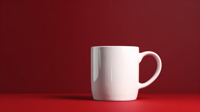 White coffee cup mockup on a red background, generative ai