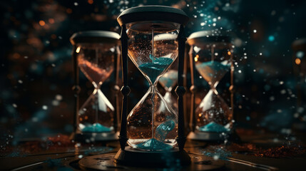 hourglasses chaotically floating in a chaotic space, generative ai