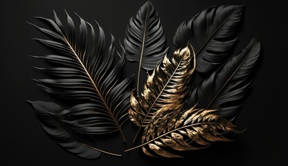 Black palm tropical leaves on black background, generated AI