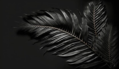 Black palm tropical leaves on black background, generated AI