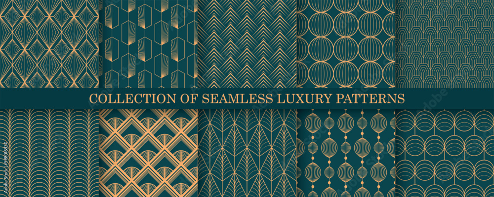 Poster collection of art deco seamless geometric ornamental patterns - elegant color design. repeatable ori