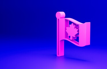 Pink Flag of Canada icon isolated on blue background. North America country flag on flagpole. Minimalism concept. 3D render illustration