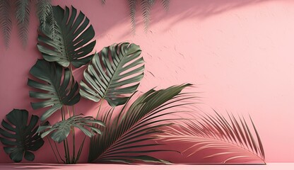 Tropical palm leaf on pink background. Flat lay, top view, generated AI