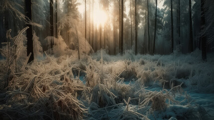 Winter forest covered with snow at sunrise, generative ai