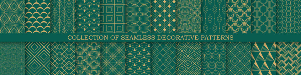 Collection of art deco seamless ornamental geometric patterns - rich design. Repeatable oriental luxury backgrounds. Decorative elegant prints - 598016381