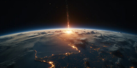 Meteorit Einschlag auf Planet Erde, Gefahr aus dem All, ai generativ - obrazy, fototapety, plakaty