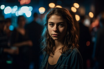 young adult woman or teenager, in a room at night or in the evening, fictional place. Generative AI