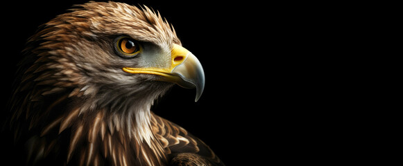 Eagle head in profile or side close-up. Panoramic image of the eagle's head on the left against the background of a black isolated banner. Generative AI.