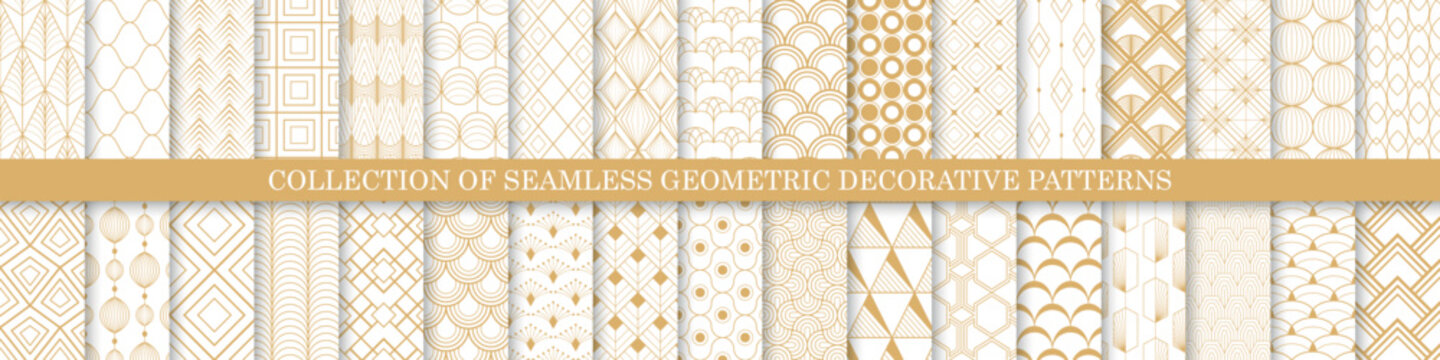 Collection of seamless decorative luxury geometric patterns - gold design. Repeatable ornamental elegant backgrounds. Symmetry endless fabric prints
