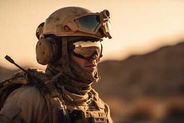 soldier in uniform with helmet and goggles, fictional location. Generative AI