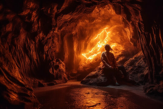 devil cave fire ugly creature fictional abstract. Generative AI