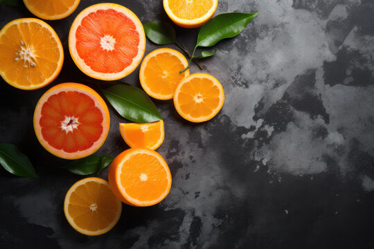 Juicy orange slices on dark background, top view, flat lay. Generative AI