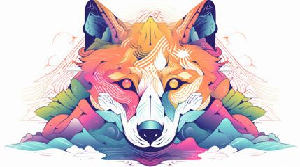 Kawaii wolf face with rainbow colors, generative ai