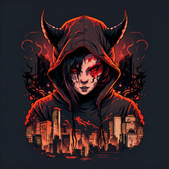 Incredible Illustration Of Horned Devil Girl In Hoodie Above Burning City Logo Style - Generative A.I. Art