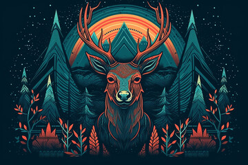 buck deer with pine trees, mountains as native american style art . Generative AI - obrazy, fototapety, plakaty