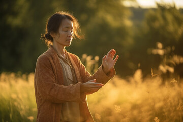 female qi gong master practising in a meadow, bright vibrant lighting. Generative AI - obrazy, fototapety, plakaty
